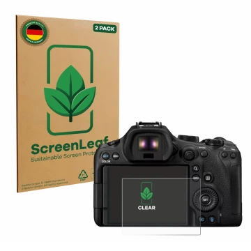 Vorderseite einer Produktverpackung mit dem Markenlogo ScreenLeaf. Daneben ist das Gerät Canon EOS R6 Mark III mit dem zugehör