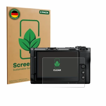 Vorderseite einer Produktverpackung mit dem Markenlogo ScreenLeaf. Daneben ist das Gerät Nikon ZR 2025 mit dem zugehörigen Dis