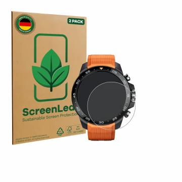 Vorderseite einer Produktverpackung mit dem Markenlogo ScreenLeaf. Daneben ist das Gerät Xiaomi Mibro GS Explorer S mit dem zu