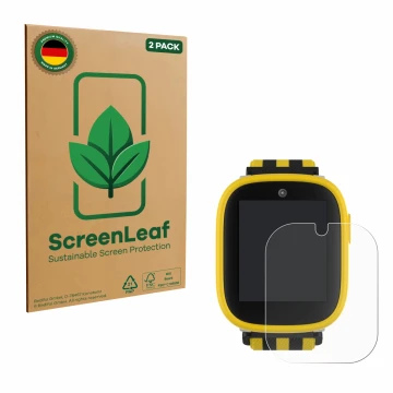 Vorderseite einer Produktverpackung mit dem Markenlogo ScreenLeaf. Daneben ist das Gerät Xplora X6 Play BVB-Edition mit dem zu
