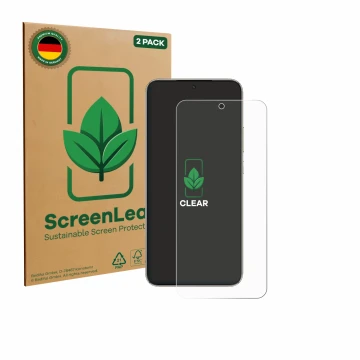 Vorderseite einer Produktverpackung mit dem Markenlogo ScreenLeaf. Daneben ist das Gerät Honor X70 mit dem zugehörigen Display