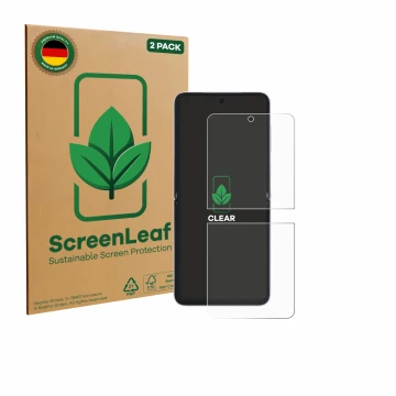 Vorderseite einer Produktverpackung mit dem Markenlogo ScreenLeaf. Daneben ist das Gerät Honor Magic V Flip 2 mit dem zugehöri