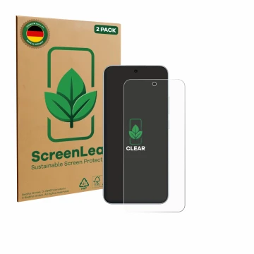 Vorderseite einer Produktverpackung mit dem Markenlogo ScreenLeaf. Daneben ist das Gerät Oppo F31 mit dem zugehörigen Displays
