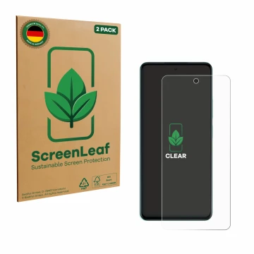 Vorderseite einer Produktverpackung mit dem Markenlogo ScreenLeaf. Daneben ist das Gerät Oppo A5 mit dem zugehörigen Displaysc