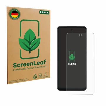 Vorderseite einer Produktverpackung mit dem Markenlogo ScreenLeaf. Daneben ist das Gerät Oppo A5x mit dem zugehörigen Displays