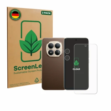 Vorderseite einer Produktverpackung mit dem Markenlogo ScreenLeaf. Daneben ist das Gerät Xiaomi Redmi Note 15 Pro Plus 5G (Dis