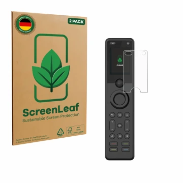 Vorderseite einer Produktverpackung mit dem Markenlogo ScreenLeaf. Daneben ist das Gerät Sofabaton X1S mit dem zugehörigen Dis