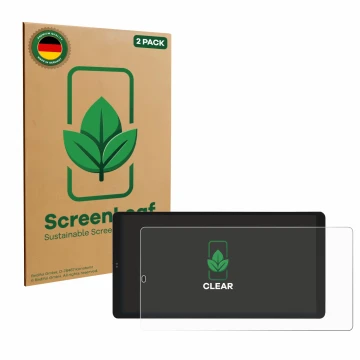 Vorderseite einer Produktverpackung mit dem Markenlogo ScreenLeaf. Daneben ist das Gerät Shelly Wall Display X2i mit dem zugeh