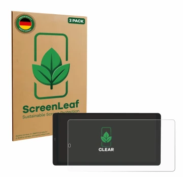 Vorderseite einer Produktverpackung mit dem Markenlogo ScreenLeaf. Daneben ist das Gerät Shelly Wall Display X2 mit dem zugehö