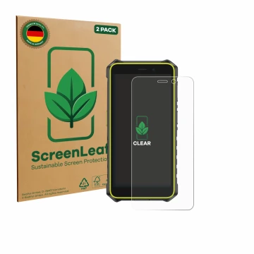Vorderseite einer Produktverpackung mit dem Markenlogo ScreenLeaf. Daneben ist das Gerät Ulefone RugKing 2 Pro mit dem zugehör
