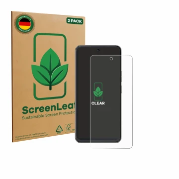 Vorderseite einer Produktverpackung mit dem Markenlogo ScreenLeaf. Daneben ist das Gerät Cubot Note 60 mit dem zugehörigen Dis