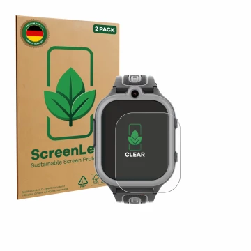 Vorderseite einer Produktverpackung mit dem Markenlogo ScreenLeaf. Daneben ist das Gerät Valdus DF91 mit dem zugehörigen Displ