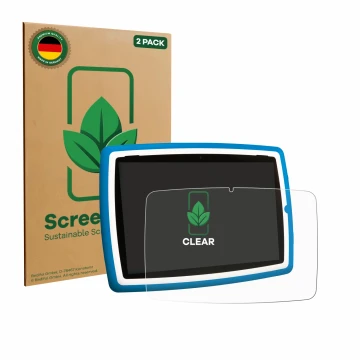 Vorderseite einer Produktverpackung mit dem Markenlogo ScreenLeaf. Daneben ist das Gerät Lisciani Mio Tab 10 Tutor XL mit dem 