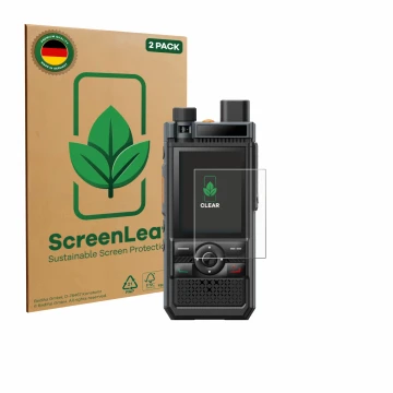 Vorderseite einer Produktverpackung mit dem Markenlogo ScreenLeaf. Daneben ist das Gerät Hytera P50 mit dem zugehörigen Displa