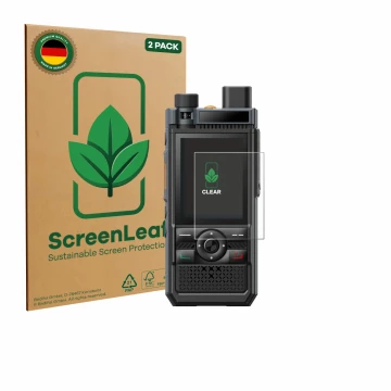 Vorderseite einer Produktverpackung mit dem Markenlogo ScreenLeaf. Daneben ist das Gerät Hytera P50 Pro mit dem zugehörigen Di