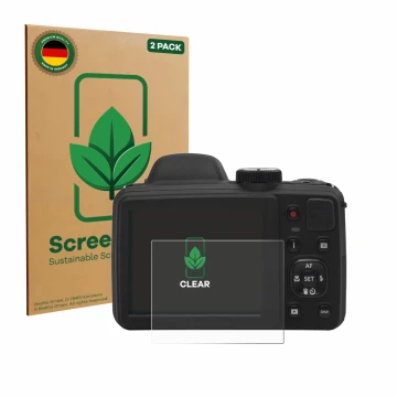 Vorderseite einer Produktverpackung mit dem Markenlogo ScreenLeaf. Daneben ist das Gerät Kodak Pixpro AZ405 mit dem zugehörige
