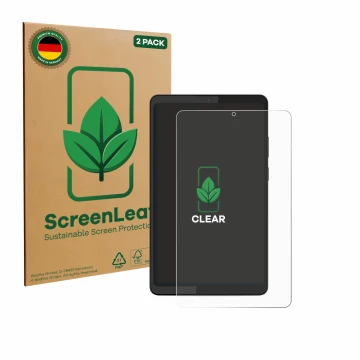 Vorderseite einer Produktverpackung mit dem Markenlogo ScreenLeaf. Daneben ist das Gerät Lenovo Tab K9 mit dem zugehörigen Dis