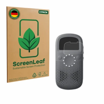 Vorderseite einer Produktverpackung mit dem Markenlogo ScreenLeaf. Daneben ist das Gerät Relay X mit dem zugehörigen Displaysc