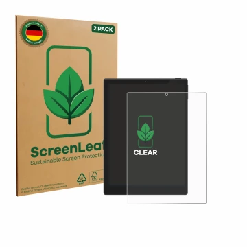 Vorderseite einer Produktverpackung mit dem Markenlogo ScreenLeaf. Daneben ist das Gerät Hannspree Lumo 7.8 mit dem zugehörige