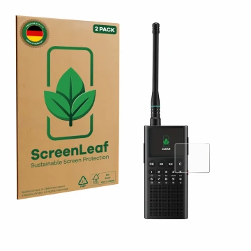 Vorderseite einer Produktverpackung mit dem Markenlogo ScreenLeaf. Daneben ist das Gerät Choyong WT2 mit dem zugehörigen Displ