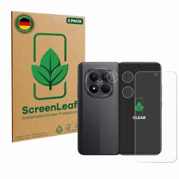 Vorderseite einer Produktverpackung mit dem Markenlogo ScreenLeaf. Daneben ist das Gerät Xiaomi Poco M8 Pro (Display+Kamera) m