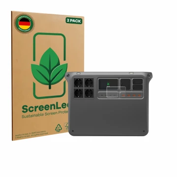Vorderseite einer Produktverpackung mit dem Markenlogo ScreenLeaf. Daneben ist das Gerät DJI Power 2000 mit dem zugehörigen Di