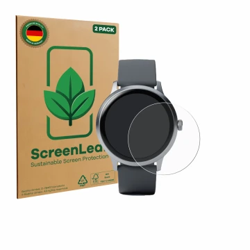 Vorderseite einer Produktverpackung mit dem Markenlogo ScreenLeaf. Daneben ist das Gerät Pebble Round 2 mit dem zugehörigen Di