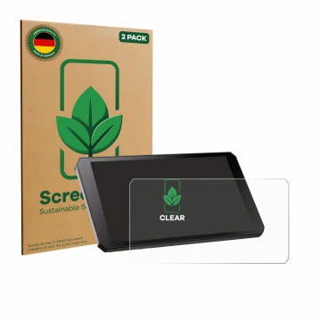 Vorderseite einer Produktverpackung mit dem Markenlogo ScreenLeaf. Daneben ist das Gerät RiderNav R7M mit dem zugehörigen Disp