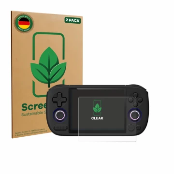 Vorderseite einer Produktverpackung mit dem Markenlogo ScreenLeaf. Daneben ist das Gerät Ayaneo Pocket Air Mini mit dem zugehö