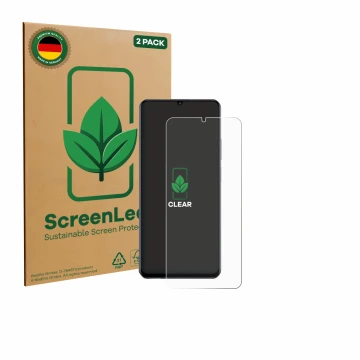 Vorderseite einer Produktverpackung mit dem Markenlogo ScreenLeaf. Daneben ist das Gerät realme Note 70 mit dem zugehörigen Di