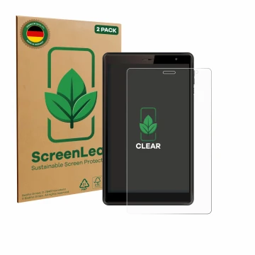 Vorderseite einer Produktverpackung mit dem Markenlogo ScreenLeaf. Daneben ist das Gerät Logicom Tab 80 8