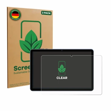 Vorderseite einer Produktverpackung mit dem Markenlogo ScreenLeaf. Daneben ist das Gerät WOREGOO M283-EEA 10.1