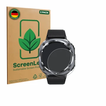 Vorderseite einer Produktverpackung mit dem Markenlogo ScreenLeaf. Daneben ist das Gerät TIMU S90 1.45