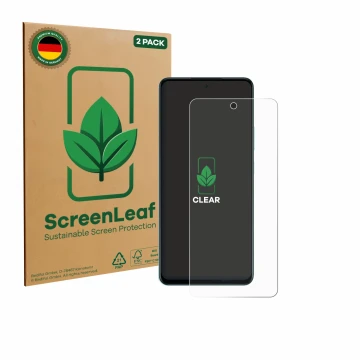 Vorderseite einer Produktverpackung mit dem Markenlogo ScreenLeaf. Daneben ist das Gerät Oppo A5 4G mit dem zugehörigen Displa