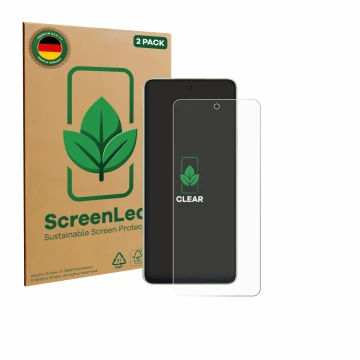 Vorderseite einer Produktverpackung mit dem Markenlogo ScreenLeaf. Daneben ist das Gerät Oppo A5 Energy mit dem zugehörigen Di
