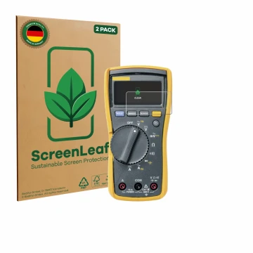 Vorderseite einer Produktverpackung mit dem Markenlogo ScreenLeaf. Daneben ist das Gerät Fluke 115 mit dem zugehörigen Display