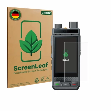 Vorderseite einer Produktverpackung mit dem Markenlogo ScreenLeaf. Daneben ist das Gerät Hytera P60 mit dem zugehörigen Displa