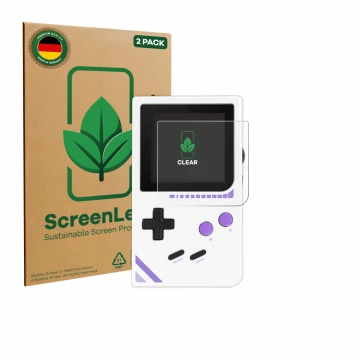 Vorderseite einer Produktverpackung mit dem Markenlogo ScreenLeaf. Daneben ist das Gerät Modretro Chromatic mit dem zugehörige