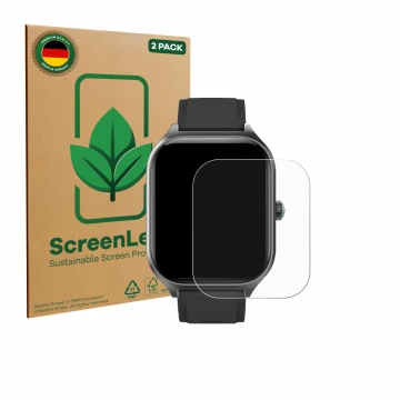 Vorderseite einer Produktverpackung mit dem Markenlogo ScreenLeaf. Daneben ist das Gerät FORRLITE Smartwatch 2.01