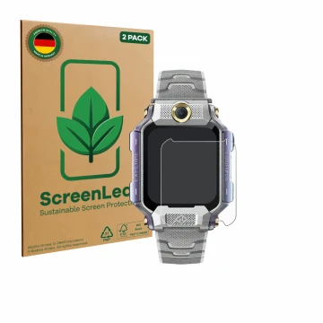 Vorderseite einer Produktverpackung mit dem Markenlogo ScreenLeaf. Daneben ist das Gerät Imoo Watch Phone X10 mit dem zugehöri