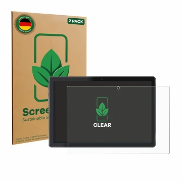 Vorderseite einer Produktverpackung mit dem Markenlogo ScreenLeaf. Daneben ist das Gerät Lisciani Mio Tab 10