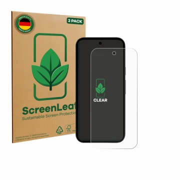Vorderseite einer Produktverpackung mit dem Markenlogo ScreenLeaf. Daneben ist das Gerät Google Pixel 10a mit dem zugehörigen 