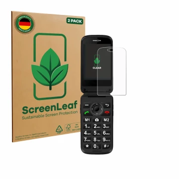 Vorderseite einer Produktverpackung mit dem Markenlogo ScreenLeaf. Daneben ist das Gerät Simvalley Mobile XL-970 mit dem zugeh