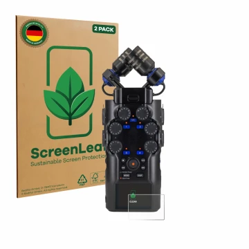 Vorderseite einer Produktverpackung mit dem Markenlogo ScreenLeaf. Daneben ist das Gerät Zoom H6 studio mit dem zugehörigen Di