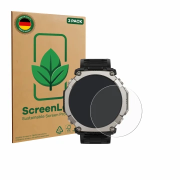 Vorderseite einer Produktverpackung mit dem Markenlogo ScreenLeaf. Daneben ist das Gerät Huami Amazfit T-Rex Ultra 2 mit dem z