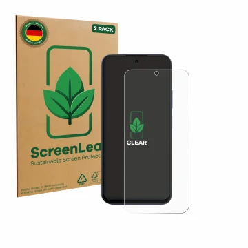 Vorderseite einer Produktverpackung mit dem Markenlogo ScreenLeaf. Daneben ist das Gerät Oppo A6x 4G mit dem zugehörigen Displ