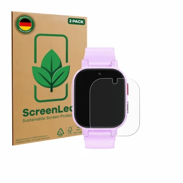 Vorderseite einer Produktverpackung mit dem Markenlogo ScreenLeaf. Daneben ist das Gerät Alutoria Kids Smartwatch 1.42
