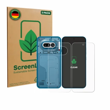Vorderseite einer Produktverpackung mit dem Markenlogo ScreenLeaf. Daneben ist das Gerät Nothing Phone (4a) (Display+Rückseite