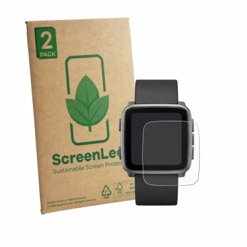 Vorderseite einer Produktverpackung mit dem Markenlogo ScreenLeaf. Daneben ist das Gerät Pebble Time 2 2026 mit dem zugehörige