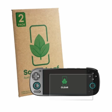 Vorderseite einer Produktverpackung mit dem Markenlogo ScreenLeaf. Daneben ist das Gerät Retroid Pocket 5 mit dem zugehörigen 